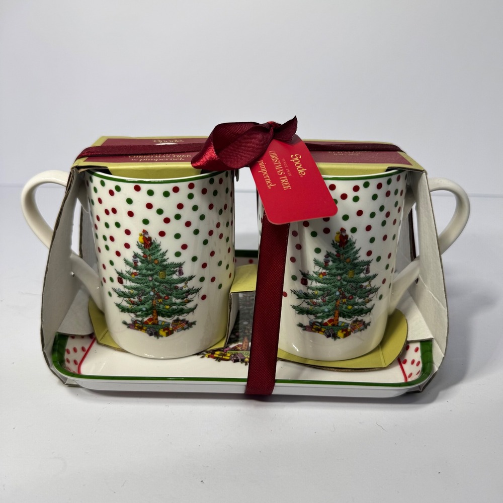 Spode Christmas Tree Polka Dot 10oz Mug and Tray 3 Piece Gift Set New with Tags